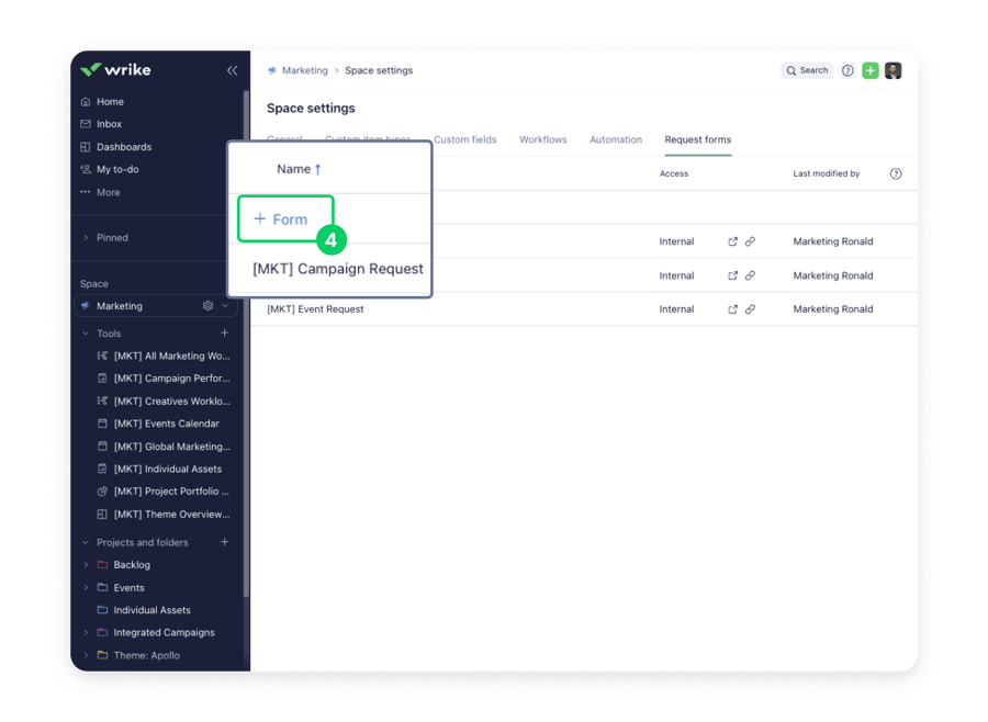 Étape 4 pour créer un formulaire de demande Wrike